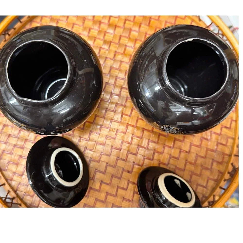 Vintage Pair Black Porcelain Ginger Jars Gold Silver Iris Butterfly Japan 6in